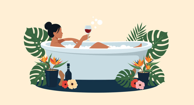 Relaxed woman taking a bubble bath in a large tub while holding a glass of wine surrounded by tropical plants.