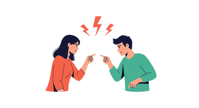 Man and woman pointing fingers and arguing with each other while lightning symbols appear between them to show conflict.