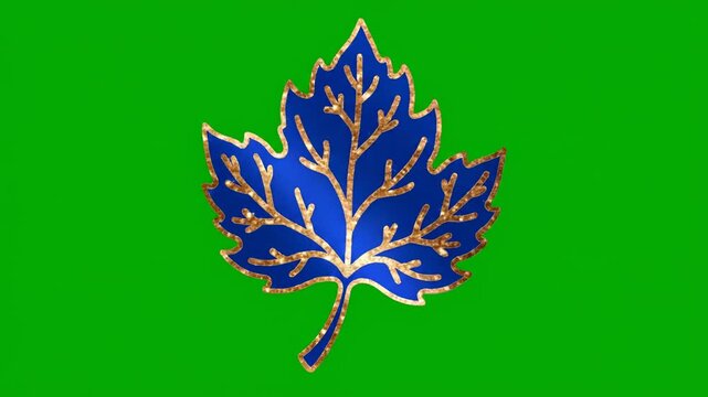 A blue maple leaf with orange veins on a green background