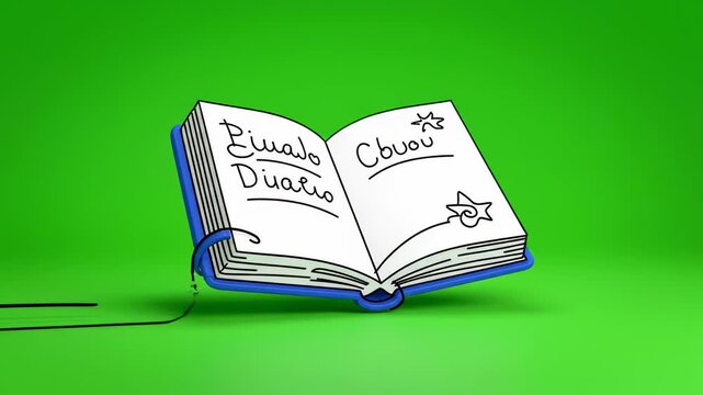 A blue journal with a black elastic closure lies open on a green background