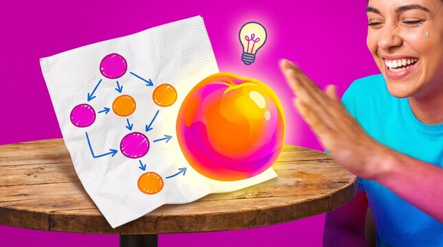 Young woman interacting with colorful flowchart doodle on napkin  
