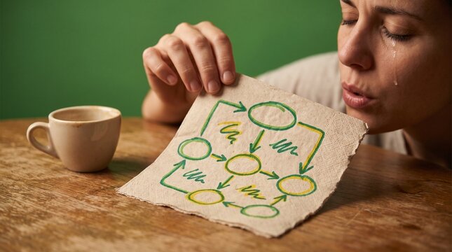 Woman holding doodle of flowchart on napkin near coffee cup  