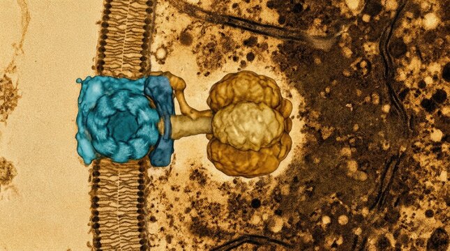 Atp synthase membrane embedded enzyme complex measuring ten to twenty five nanometers, showing rotating rotor synthesizing adenosine triphosphate molecules, color enhanced electron microscopy.