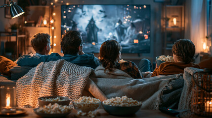 Obraz premium Family enjoys movie night watching fantasy film on TV with popcorn and cozy blankets
