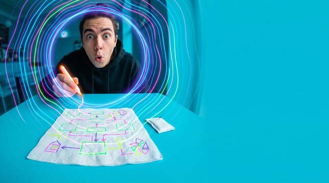 Man surprised while creating a flowchart on a napkin with colorful design  