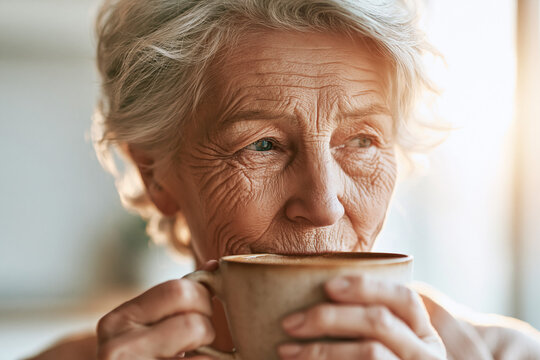 Nahaufnahme eines Portr&auml;ts einer &auml;lteren deutschen Frau, die im warmen Sonnenlicht Morgenkaffee trinkt, Lifestyle-Konzept