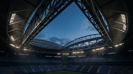 Naklejka premium Open roof football stadium interior with floodlights at dusk