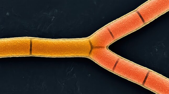 Fungal hypha branching to form two growing daughter tubes, demonstrating microscopic structural division of a septate mycelial network filament, showing chitinous wall on dark background.