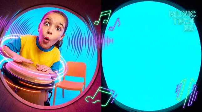 Girl with conga drums in music class looking surprised and excited  