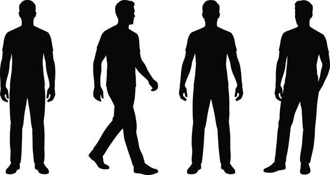 Vector silhouette set of man standing walking and posing in casual clothes isolated on plain white background.