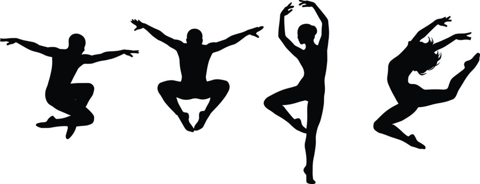 Vector silhouette set of graceful ballet and modern dancers performing dynamic jumps and elegant poses isolated on white background.