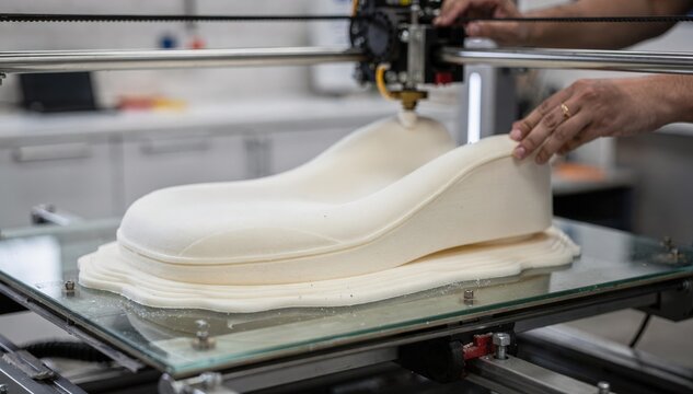 Closeup medium shot of prototype seat foam mold being carefully crafted with 3D printing technology emphasizing innovation in custom seating solutions.