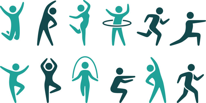Abstract stick figure exercise icons set featuring jumping rope squatting stretching and aerobic cardio workouts vector design.