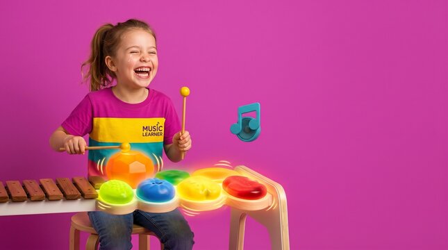 Girl with marimba sticks in hand playing and smiling against pink background  