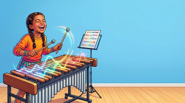 Girl with marimba sticks playing joyfully in a colorful room  