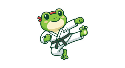 Obraz premium A cute green frog performs a martial arts kick in uniform