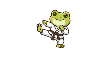 Fototapeta premium A cute green frog performs a martial arts kick in uniform