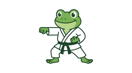 Obraz premium A cute green frog wearing a white martial arts uniform outfit