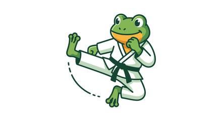 Fototapeta premium A cute green frog performs a powerful martial arts side kick