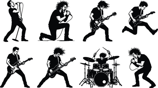 Rock band silhouette vector illustration set with musicians guitarist bassist drummer singer performing on stage energetic live concert music.