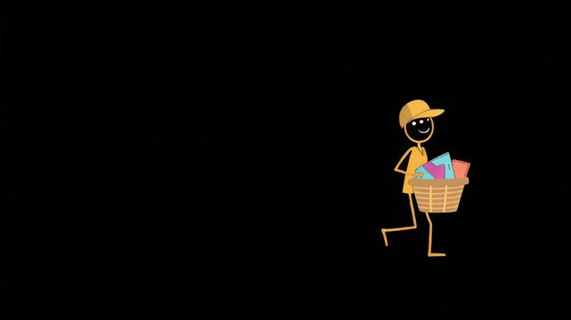 Animated stick figure character wearing a yellow cap carries a laundry basket while a bright glowing neon heart follows video