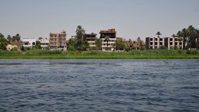 Boat cruise passes Nile riverbank homes, palm trees and green fields under bright Egyptian daylight near riverside town.