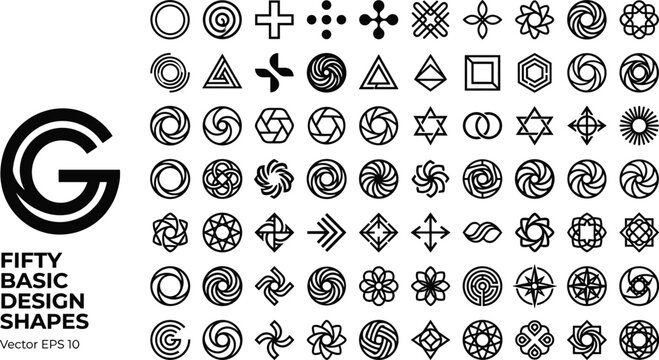 Vector graphic collection bundle featuring fifty basic geometric design shapes icons and linear spiral minimal logos isolated on white background.