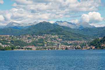 Fototapeta premium Lugano city skyline and Lugano lake view from Campione d'Italia