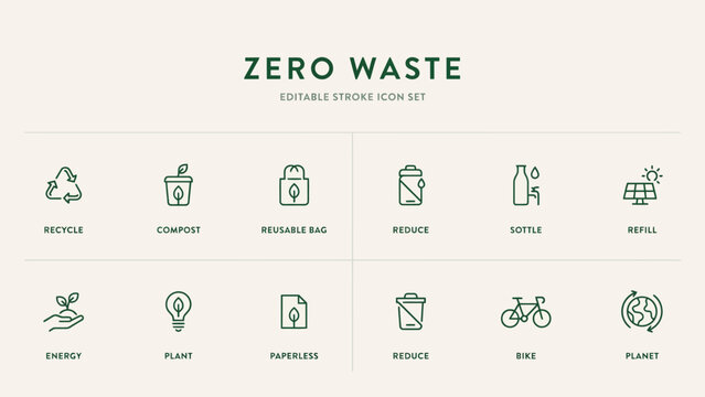 Zero waste concept icons set for environmental awareness campaign . Vector illustration.