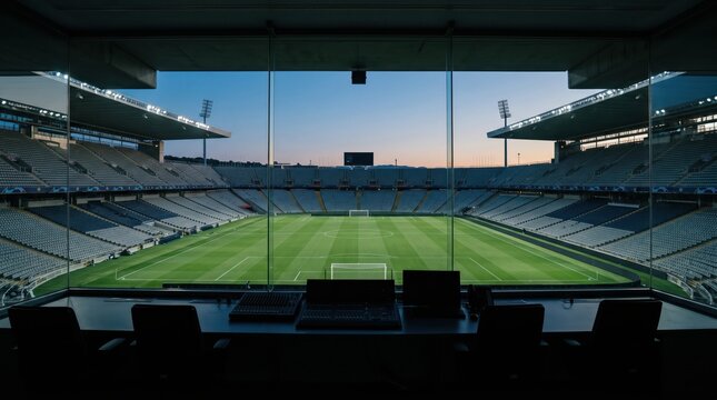 Football stadium control room overlooking empty pitch