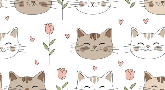 Charming pattern for children featuring smiling cat heads with striped markings, pink rose stems, and scattered small pink hearts on white.