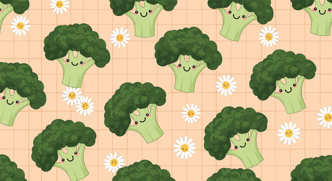 Fun and healthy pattern showcasing cute broccoli characters with smiling faces and white daisies over an orange and white grid background.
