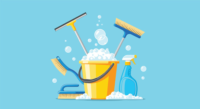 Complete set of cleaning tools and products including a yellow bucket with soap foam, brushes, mops, and a spray bottle on a blue background.