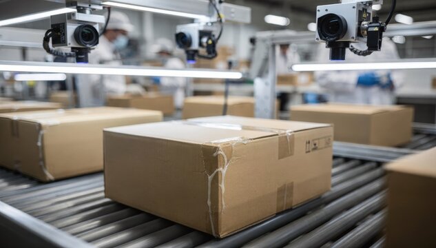 Medium shot of advanced AI vision systems analyzing cartons for glue faults during the converting process highlighting precise defect detection on a busy packaging line.