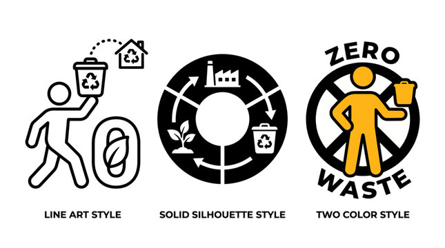 Zero Waste Icons Set Line Art Silhouette Two Color Flat Vector Recycling Eco Sustainability Symbol