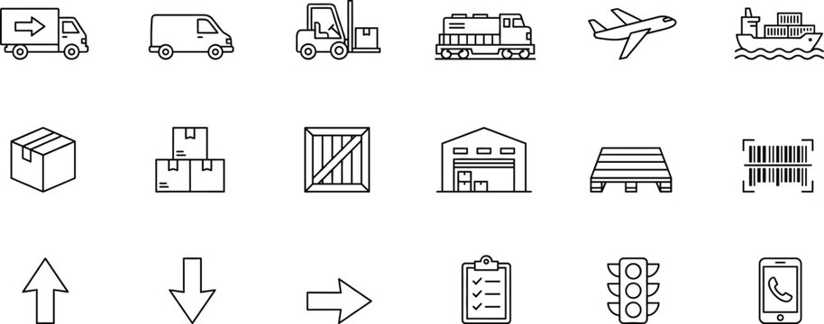 Logistics and Transportation Line Icons Set with Delivery Vehicles, Warehouse, Cargo Shipping and Tracking Symbols