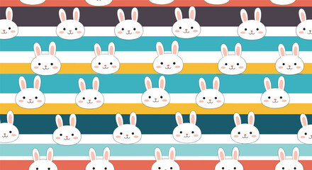 Obraz premium repetitive pattern of cute white bunny heads with pink cheeks set against a multi colored horizontal striped background in pastel tones.