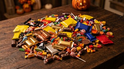 Fototapeta premium Abundant Halloween candy pile on rustic wooden table with carved pumpkin in background
