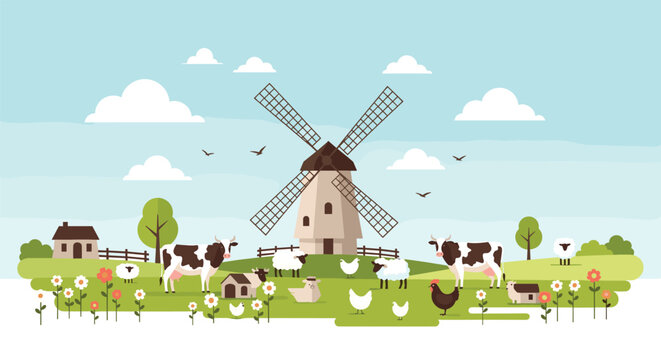 Picturesque rural landscape featuring a classic windmill, grazing cattle and sheep, and a charming farm house under a clear blue sky illustration.