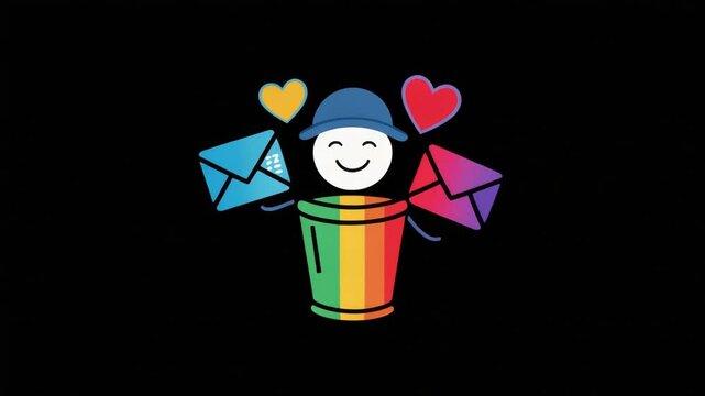 Animated character with blue hat emerges from a colorful bin holding floating message envelopes in this vibrant digital motion video