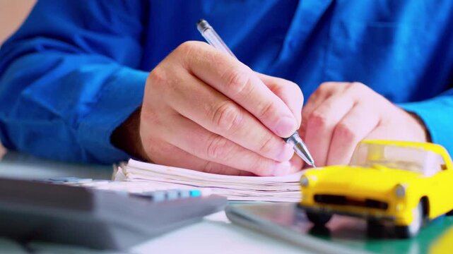 Сlose up of car insurance agent filling out policy document at desk. Focus on hands, yellow toy car on table. Shallow depth of field, natural daylight. Automotive coverage workflow.