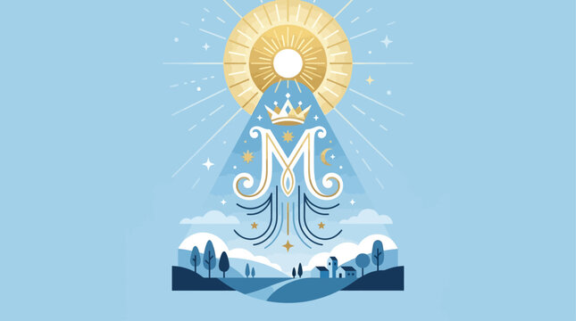 A modern flat design vector icon offering a symbolic representation of the Assumption of Mary, featuring a radiant halo above a stylized Marian symbol ascending from a subtle base. 