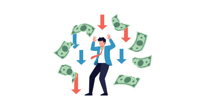 Worried businessman feeling overwhelmed while surrounded by falling paper money and red and blue downward-pointing arrows indicating a loss.