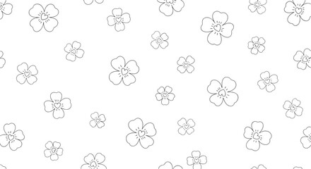 Fototapeta premium Minimalist pattern of simple four-leaf clover outlines with small hearts in the center scattered on a white background.