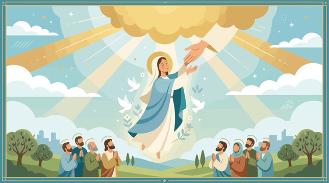 This flat design vector illustration portrays the Assumption of Mary, with the Virgin Mary gently reaching upwards towards a minimalist divine hand extending from a golden cloud. 