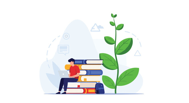 Student sitting on a stack of books working on a laptop next to a large growing green plant symbolizes educational growth.