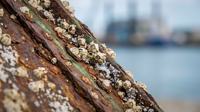 Coastal decay inspiration showing a rusted metal surface covered with barnacles and salt crystals in a detailed close-up shot near the ocean harbor