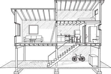 Fototapeta premium Architectural cross section drawing of a modern two story house with interior furniture and staircase layout design