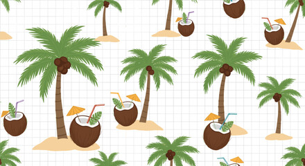 Obraz premium Tropical summer pattern featuring palm trees on sand islands and refreshing coconut drinks on a white grid background.