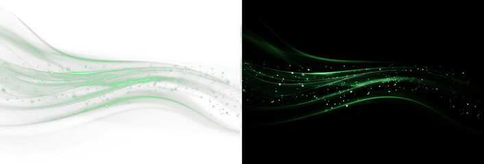 Abstract futuristic green neon light trails overlay, twin digital fiber optic wave speed lines on black and white background wide banner. Symmetrical double glowing emerald laser beam wave template © Olga